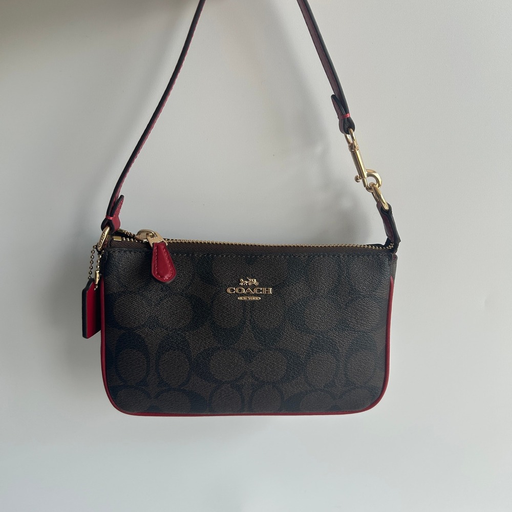 Coach Nolita 19 Signature Canvas Gold Brown Red Wristlet Bag C3308